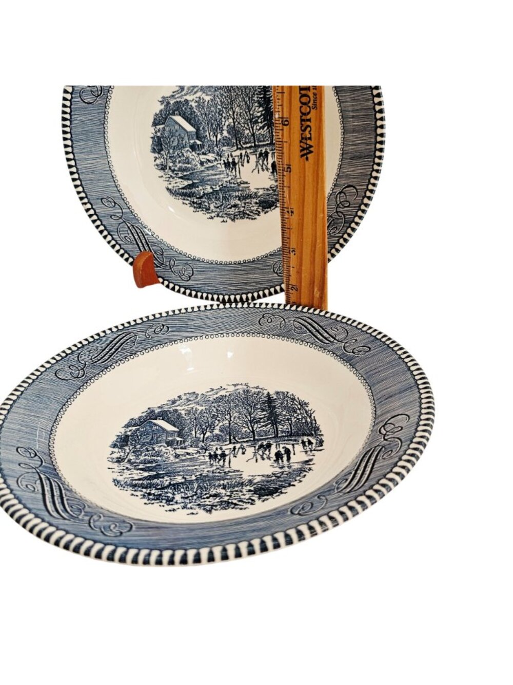 2 Currier Ives Early Winter Bowl 8" soup salad Royal Pottery blue white made USA - Picture 2 of 7